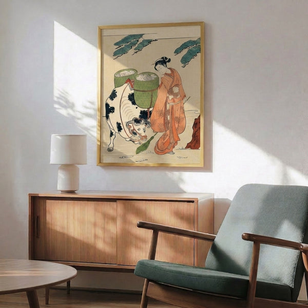 Serene Showa woodblock print featuring a woman tending a cow amid bamboo baskets, combining ukiyo-e tradition with warm terracotta and cool sage green palette.
