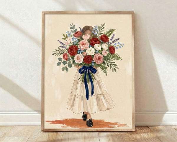 Framed boho watercolor poster of a woman in a soft cream dress holding a vibrant rose bouquet tied with ribbon, featuring romantic blush pink, sage green, and navy blue tones.
