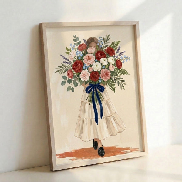 Whimsical watercolor poster showing a woman gracefully holding a flowing rose bouquet in soft pink and cream, accented with navy blue and green, framed on a wall.