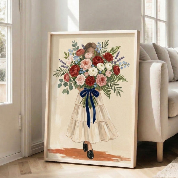 Boho-inspired framed art print of a romantic scene with a woman in a dress presenting a red rose bouquet against warm cream and soft pastel backgrounds.