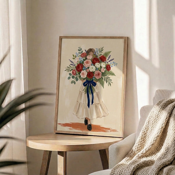 Soft watercolor poster art featuring a woman with an elegant ribbon-tied rose bouquet in romantic cream, blush, sage, and navy blue color palette.