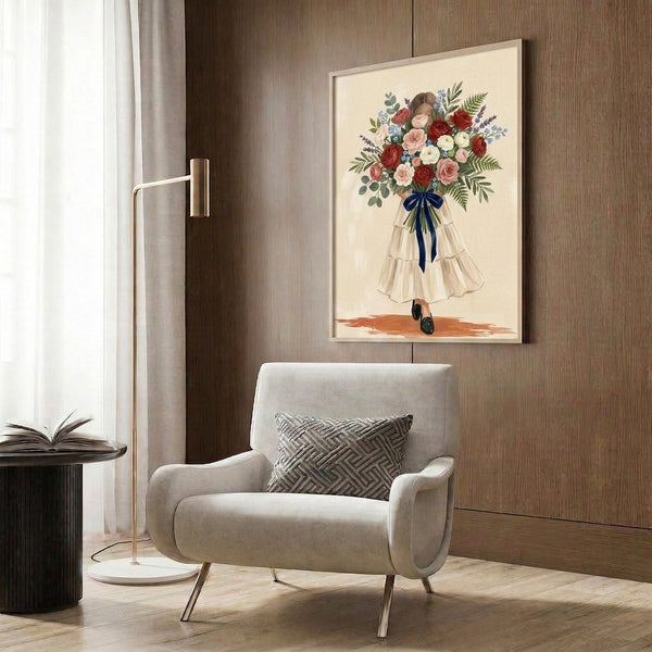 Whimsical romantic poster of a woman with a lush rose bouquet, rendered in soft watercolor style with cream, pink, sage green, and navy blue hues suitable for boho interiors.