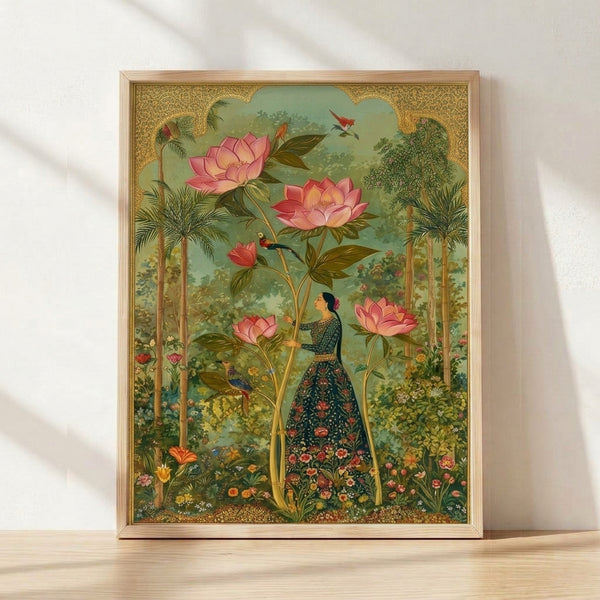 Vintage Art Nouveau framed poster featuring a serene woman among blooming lotus flowers and a graceful peacock in a lush garden, rendered in sage green, dusty rose, and gold tones.