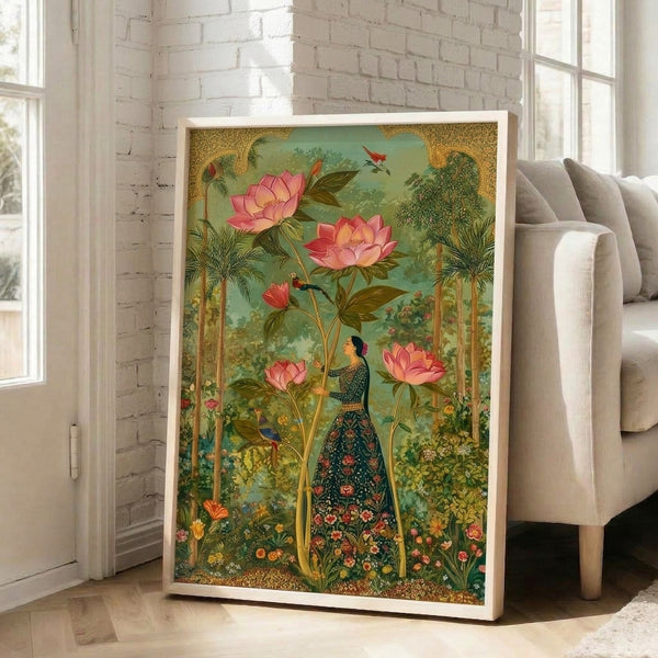 Mystical Japandi-style art print showing a contemplative figure surrounded by lotus blossoms, tropical palms, and an ornamental peacock in a harmonious garden composition with muted earth tones.