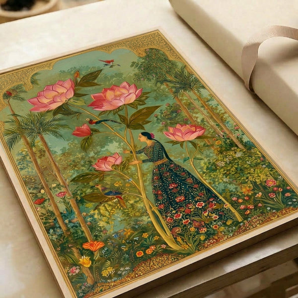 Framed botanical art featuring a peaceful woman in an enchanted lotus garden with a peacock, blending vintage elegance and serene natural elements in soft sage, rose, and golden hues.
