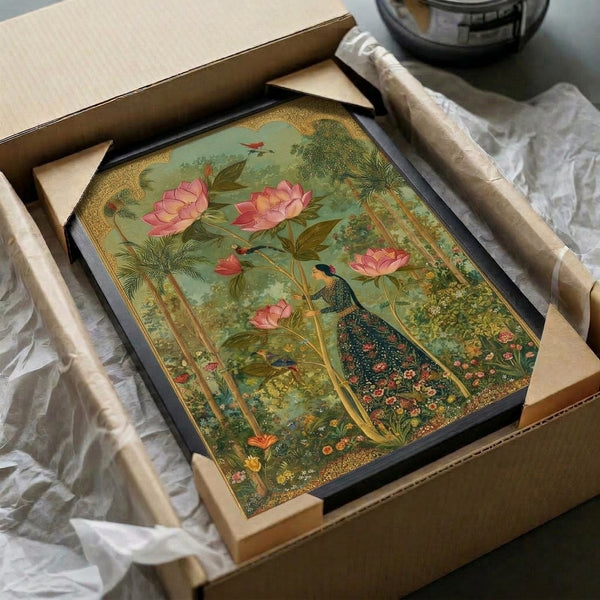 Art Nouveau wall art depicting a meditative woman among flowering lotuses, palm trees, and a majestic peacock in a tranquil garden setting with warm cream, terracotta, and sage green palette.