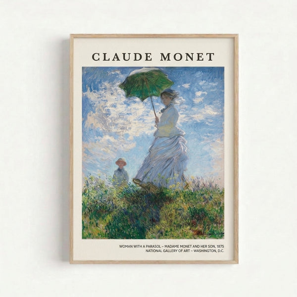 Serene impressionist artwork depicting a woman and child strolling through a luminous meadow dotted with flowers, the woman shading herself with a parasol against pale blue sky.