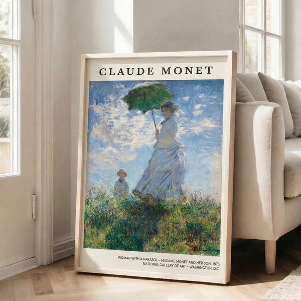 Delicate impressionist composition featuring a leisurely parasol-carrying woman in cream tones amid wildflowers and verdant landscape, suffused with tranquil sunlit atmosphere.