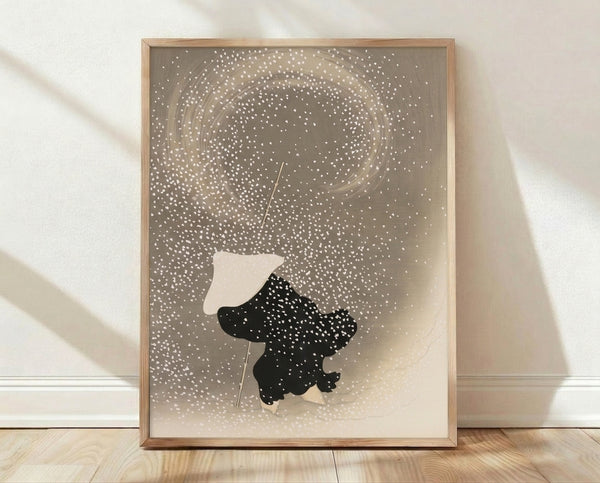 Minimalist poster art featuring a solitary woman with umbrella in soft taupe and cream tones, evoking a serene, contemplative mood in modern Japandi style.