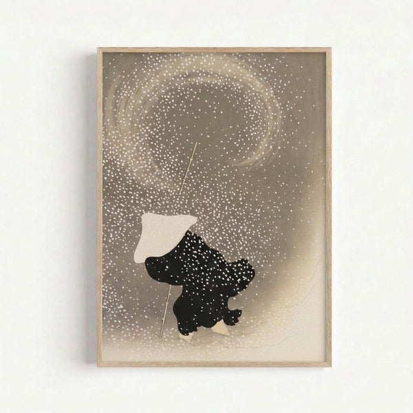Framed modern art print showing a figure in winter robes walking with umbrella, rendered in muted black, white, and gold palette with peaceful minimalist aesthetic.