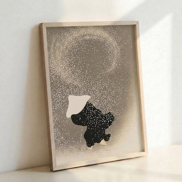 Contemporary wall art depicting a lone woman beneath an umbrella in soft, neutral tones; contemplative minimalist composition with wabi sabi sensibility.