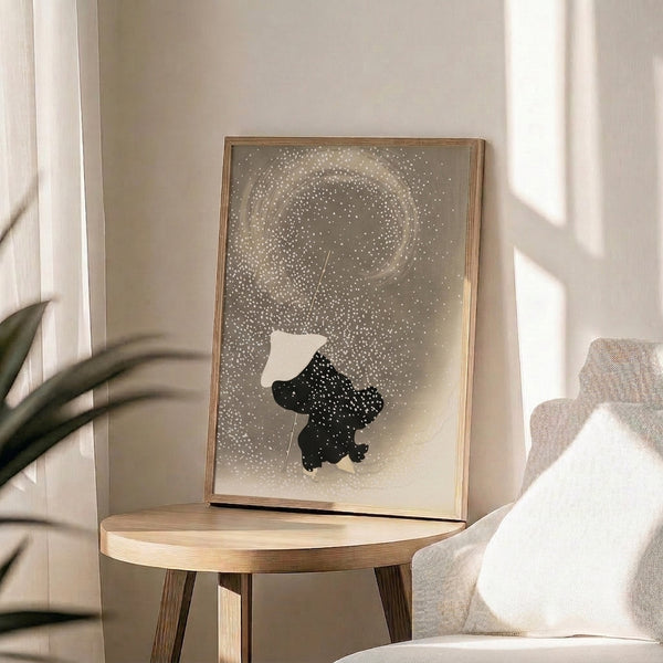 Modern framed print featuring a woman in winter attire holding umbrella, executed in understated black and cream tones with peaceful, minimalist Japanese-inspired design.