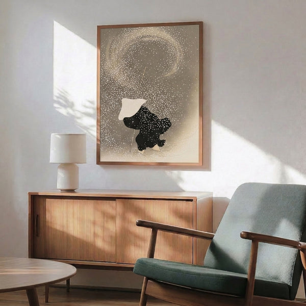Contemplative wall art showing a figure walking in robes beneath an umbrella, soft neutral color palette of taupe and white conveying quiet, meditative mood.