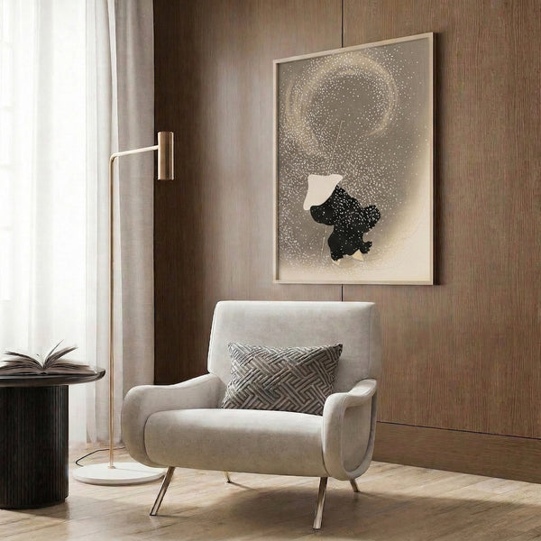 Minimalist poster art with solitary woman and umbrella in gentle cream, black, and gold tones; serene modern composition reflecting wabi sabi aesthetic principles.
