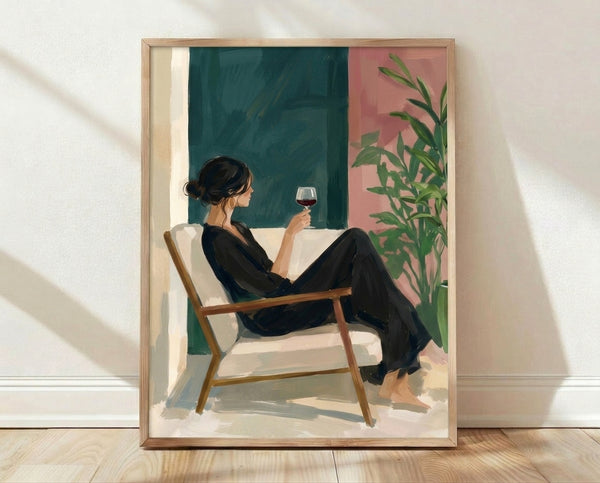 Minimalist line drawing of a woman seated in a chair holding a wine glass, rendered in teal, cream, and terracotta tones with a potted plant nearby, framed poster art with calm, sophisticated aesthetic.