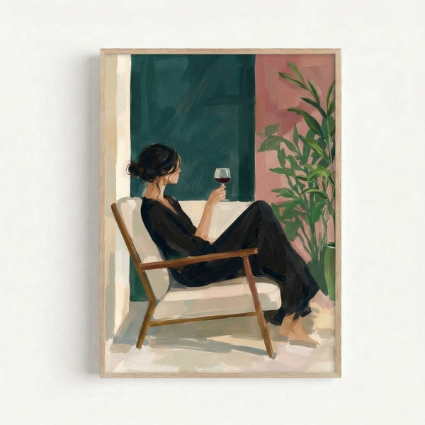 Japandi-style poster depicting a serene woman in a chair with wine glass, featuring understated linework and a forest green and cream color palette, embodying wabi-sabi home decor principles.