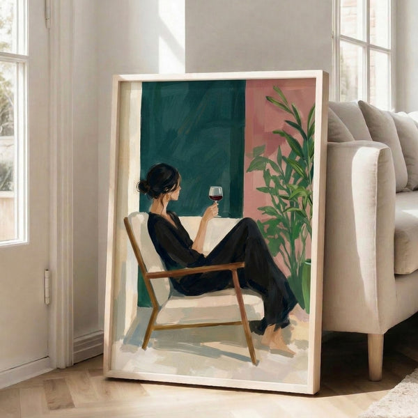 Contemporary line art poster of a woman relaxing in a chair with wine glass and plant, rendered in muted earth tones and forest green, capturing quiet sophistication on a cream background.