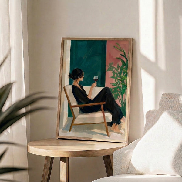 Minimalist living room poster featuring a seated figure with wine glass in teal and terracotta linework, balanced with botanical form, creating a calm and meditative wall art piece.
