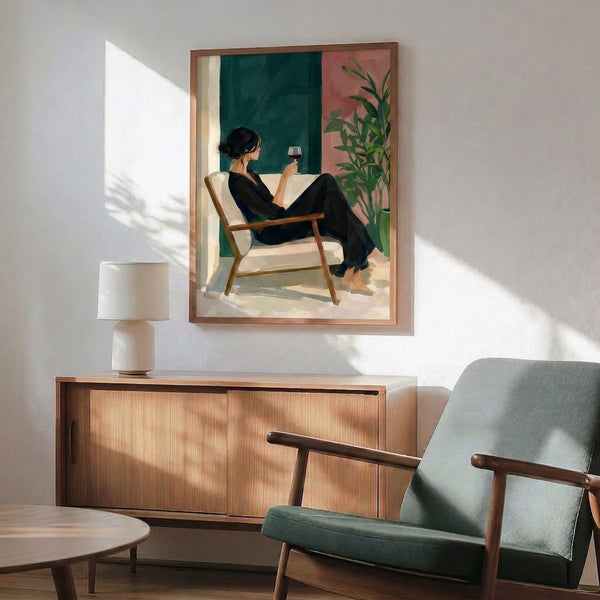 Modern Japandi wall art of a woman in repose with wine, illustrated in sophisticated black linework against teal and cream, infused with wabi-sabi tranquility and interior design sensibility.