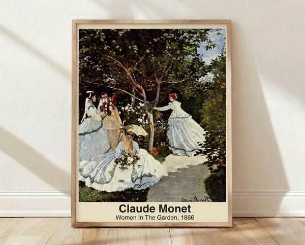 Impressionist painting of elegantly dressed women strolling through a sunlit garden filled with blooming flowers, rendered in soft greens, whites, and golden light.