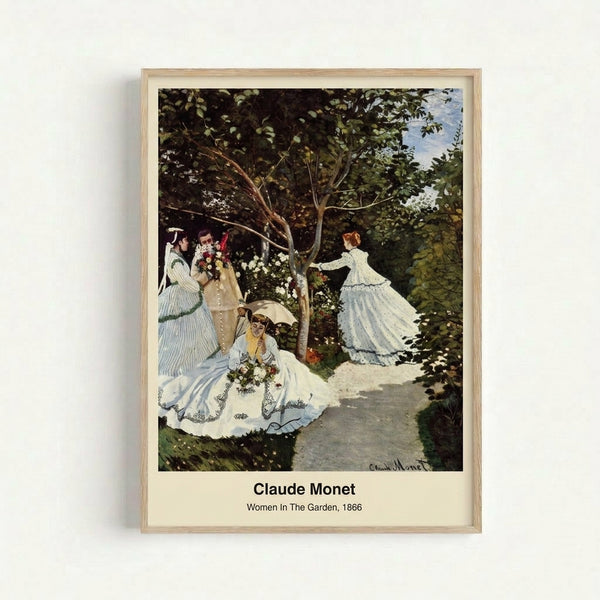 Serene garden scene with figures in flowing dresses among vibrant flowers, painted in luminous impressionist style with pale blue and soft green tones.