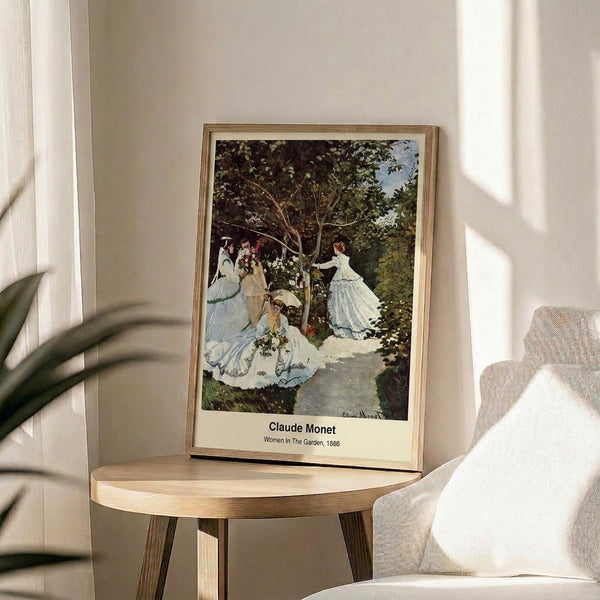 Classic impressionist masterpiece portraying women in elegant attire wandering through a flower-filled landscape with luminous, dreamy brushwork.