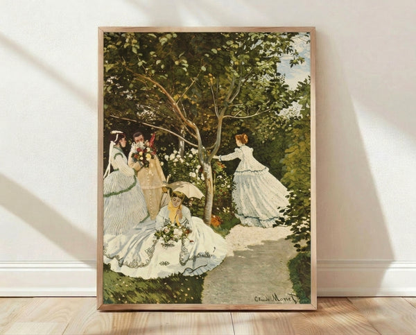 Impressionist framed poster of Women in the Garden, featuring figures in Victorian dress among blooming flowers and dappled sunlight in soft greens, blues, and warm neutrals.