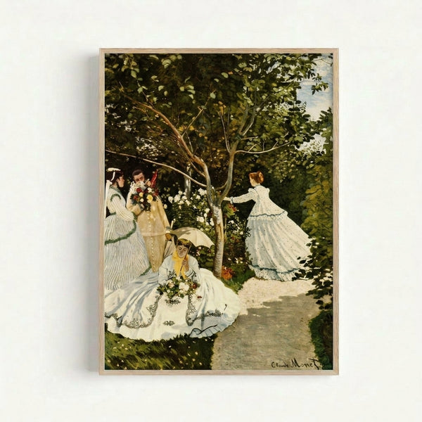 Claude Monet garden painting poster displayed on wall, capturing sunlit women among flowering plants with loose brushstrokes in a luminous palette of pastels and greens.