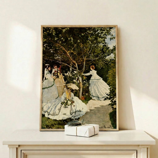 Wall-mounted poster of an impressionist garden scene with figures in period clothing beneath trees and flowers, rendered in delicate washes of light blue, cream, and verdant green.