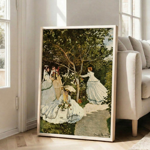 Impressionist landscape poster featuring women gathered in a flourishing garden bathed in natural light, with feathery brushwork and a serene, contemplative mood.