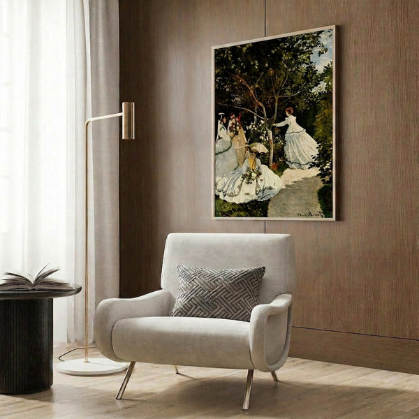 Framed impressionist masterpiece showing leisurely figures among lush garden flowers and foliage, painted in soft naturalistic tones of pale blue, white, and muted green.