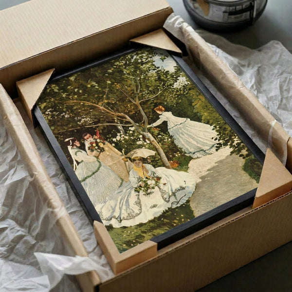Classic impressionist garden poster depicting women in Victorian attire amid blooming flowers and dappled light, framed with an evocative palette of cool and warm harmonious tones.