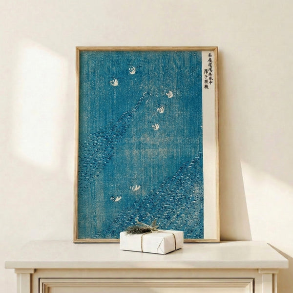 Delicate framed poster of traditional Japanese woodblock art with birds, reeds, and rain-touched waters in serene teal and cream tones.