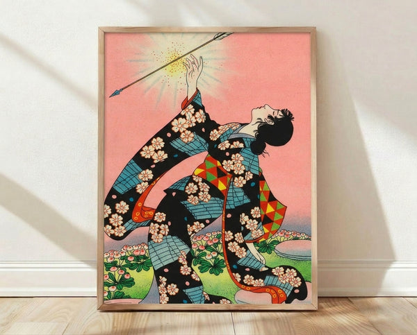 Graceful woman in flowing kimono surrounded by cherry blossoms and magical sparkles, rendered in Japanese woodblock and Art Nouveau style with coral pink, turquoise, and cream tones.