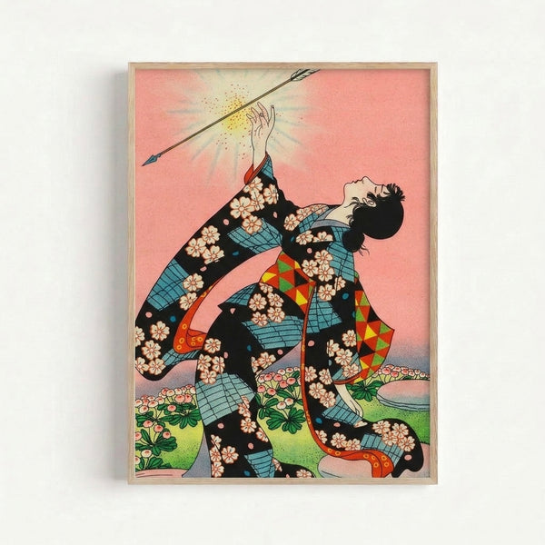 Enchanted whimsical portrait of a kimono-clad figure holding a wand amid swirling flowers and glowing sparkles, inspired by traditional woodblock art with vibrant pink and turquoise palette.