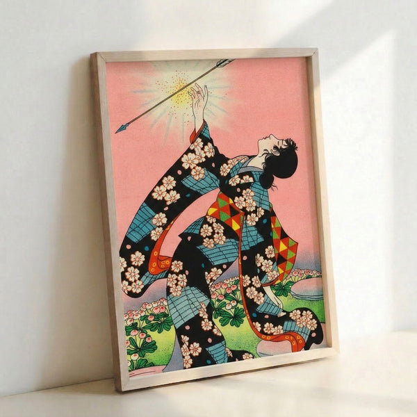 Japanese-influenced folk art print depicting a graceful dancer in traditional dress amidst a field of cherry blossoms, combining woodblock technique with Art Nouveau elegance in coral and blue.
