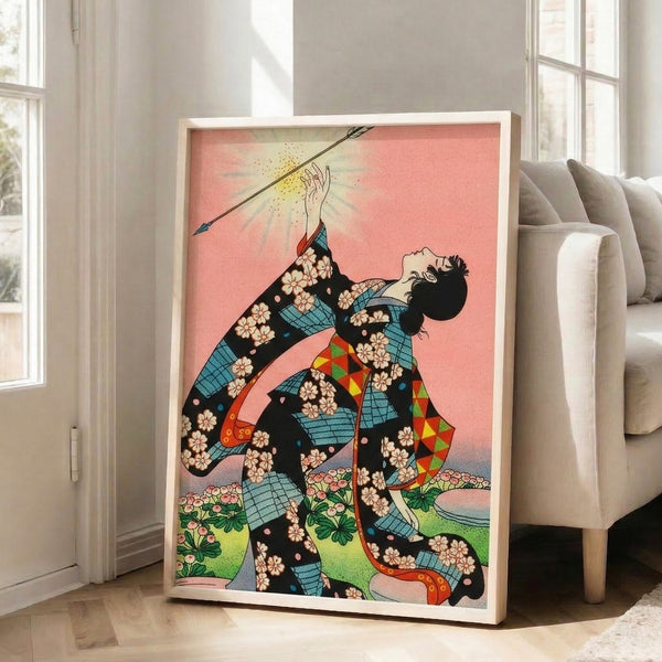 Vintage-style woodblock inspired poster of a woman in ornate kimono surrounded by magical florals and sparkles, blending folk art traditions with whimsical Art Nouveau design in warm and cool tones.