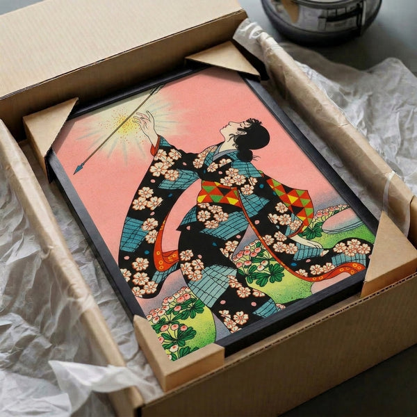 Graceful dancer adorned in traditional kimono surrounded by enchanted cherry blossoms and glowing sparkles, presented as a framed art print combining Japanese woodblock and Art Nouveau aesthetics in vibrant coral and turquoise.
