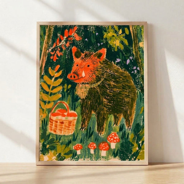 Whimsical cottagecore illustration of a woodland hedgehog holding a basket among mushrooms, forest leaves, and flowers in warm forest green, burnt orange, and golden yellow tones, framed as a nature-inspired wall art print.