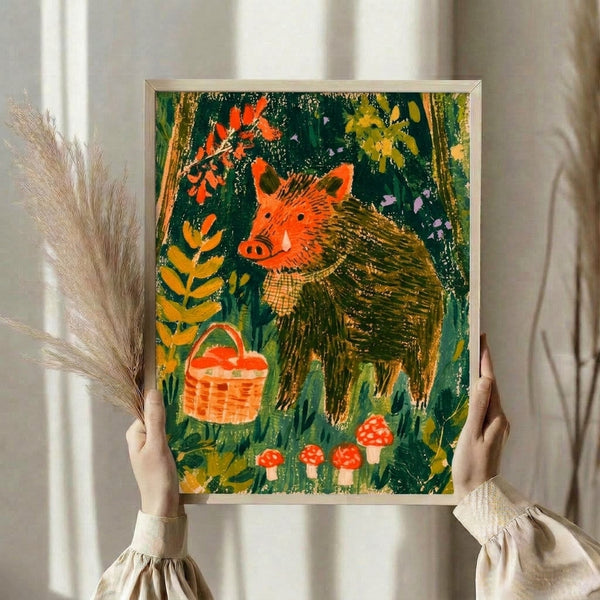 Folk art style poster featuring a cozy hedgehog character surrounded by toadstools, botanical elements, and woodland details in earthy rustic red, cream, and green hues, displayed as framed wall decor.