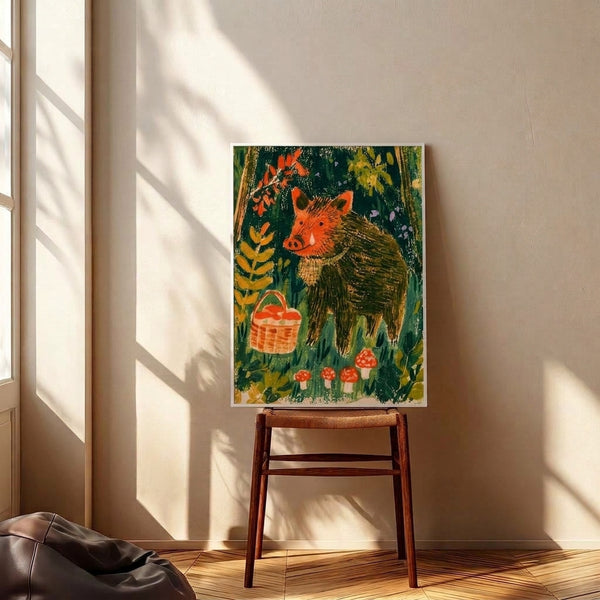 Charming forest-themed artwork depicting a hedgehog with a foraged basket amid mushrooms and wildflowers in a palette of forest green, golden yellow, and warm burnt orange, ideal for nature-loving cottage-style interiors.