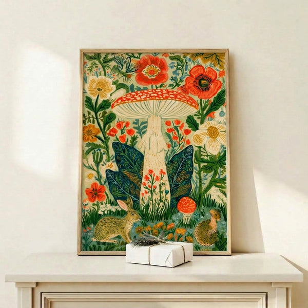 Boho nature print with magical woodland scene: spotted mushroom, blooming flowers, small animals, and foliage in soft golden yellows and blue-greens on a cream background.