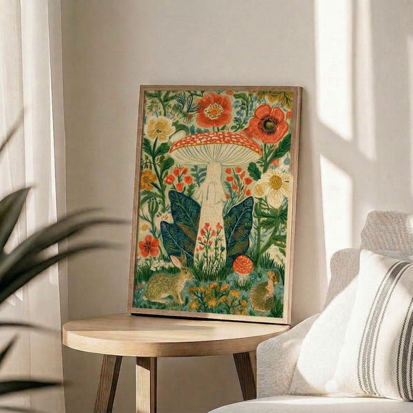 Cozy cottagecore wall art depicting an enchanted garden with red mushroom, delicate flowers, rabbit, hedgehog, and leafy elements in a whimsical folk art aesthetic.
