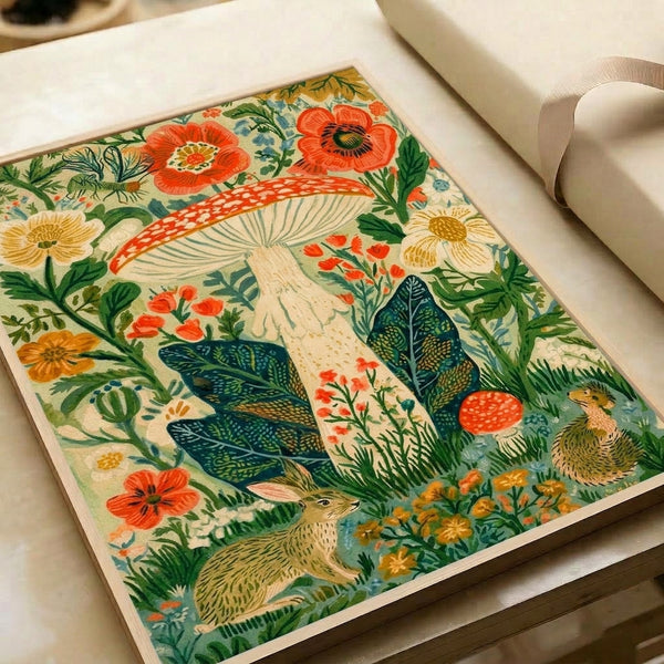 Folk art inspired poster of a dreamy woodland garden scene with vibrant red-capped mushroom, botanical flowers, curious creatures, and natural elements in warm, earthy tones.