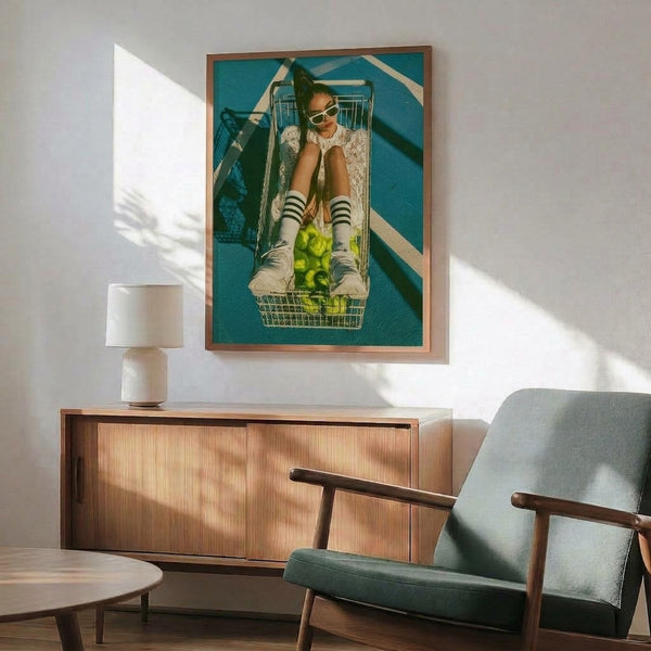Nostalgic pop art wall print showcasing a woman with sunglasses and patterned socks posed with a shopping cart amid apples, set against a teal and lime green tennis court aesthetic.