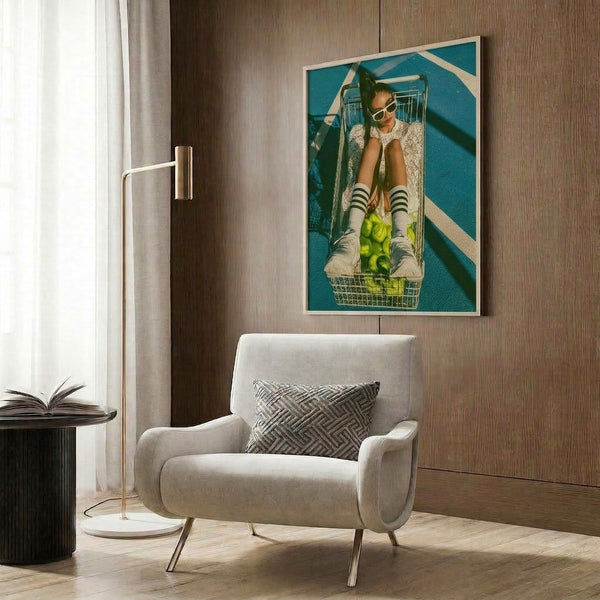 Funky Y2K-inspired framed poster depicting consumerist nostalgia with a sunglasses-wearing figure, shopping cart, and fresh apples on a cream and teal geometric tennis court design.