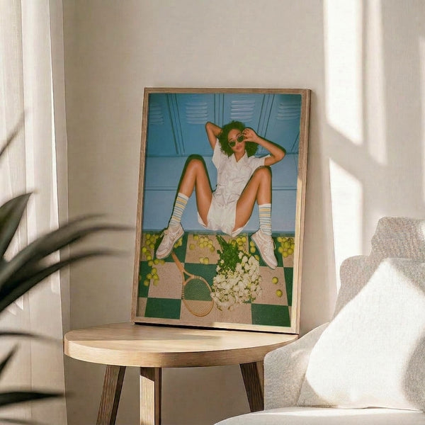 Retro locker room-inspired art print with playful Y2K aesthetic showing a chic woman, tennis racket, tropical fruits, and flowers in bold cyan and gold hues.