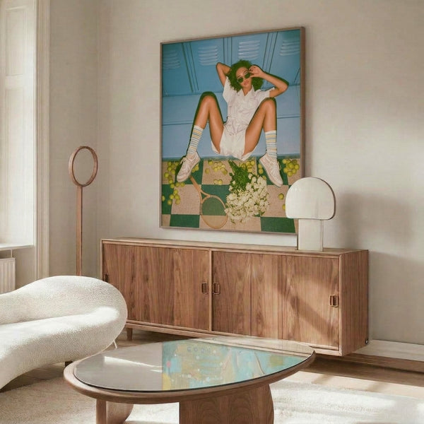 Funky Y2K-themed poster art displaying a preppy tennis aesthetic with a fashionable woman, racket, and decorative fruit and flower motifs in gold, cyan, and cream tones.