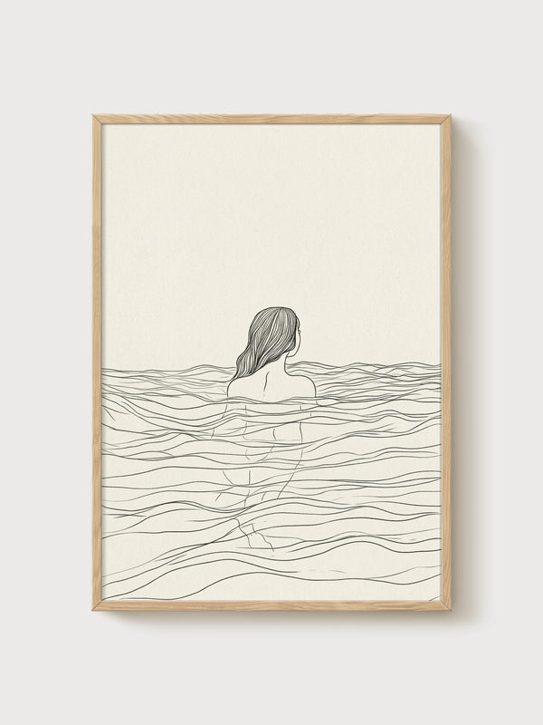 Minimalist Line Art Print poster in oak frame
