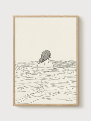 Minimalist Line Art Print poster in oak frame